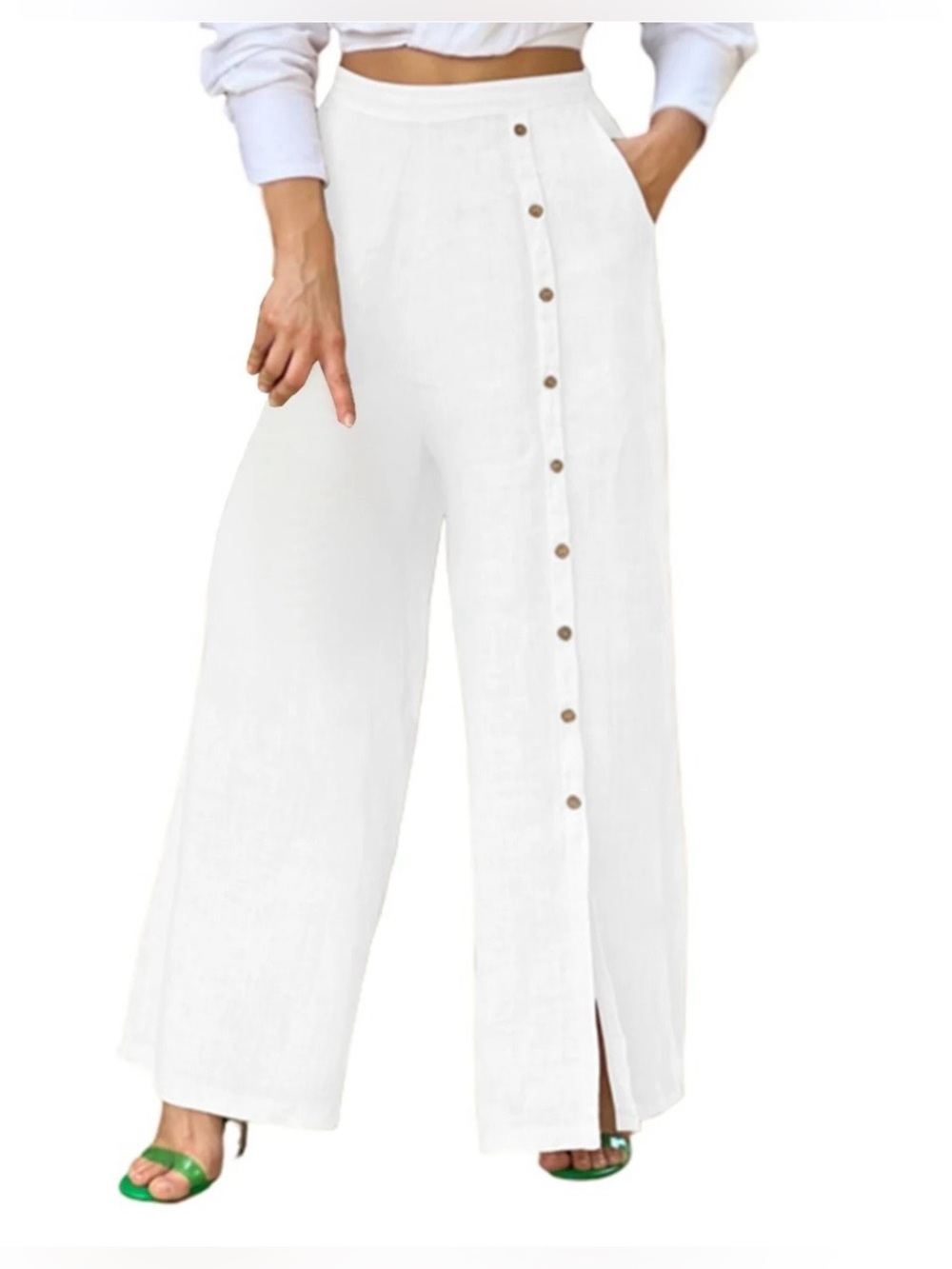 100% Pure White Wide-Leg Button-Front Pants with Side Slit